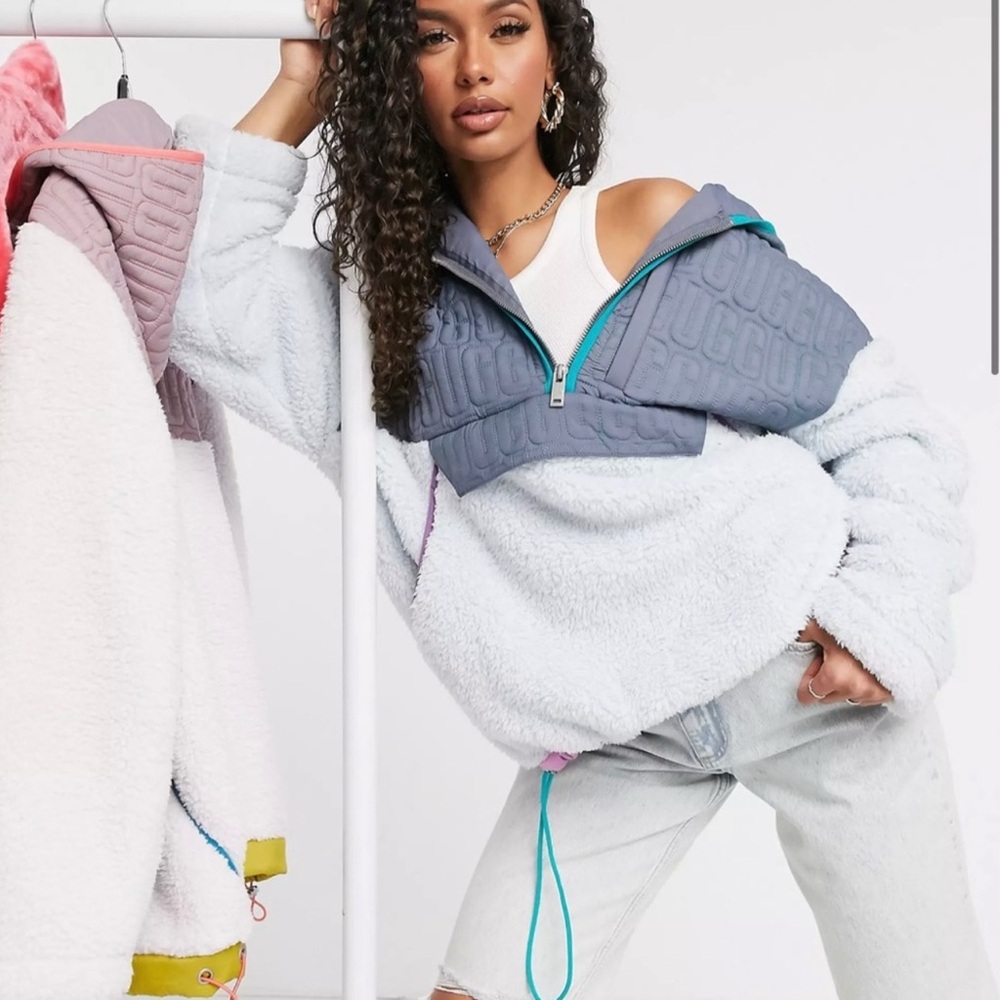 UGG Women IGGY Sherpa Half Zip Pullover Hoodie Gray Grey Dawn Sweater Size XL